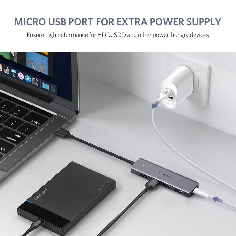 UGREEN 50985 USB Hub Adapter USB 3.0 to 4 Ports USB 3.0 + Micro USB Charging Port Multi-function USB Converter for MacBook Surface Pro Computer Accessories