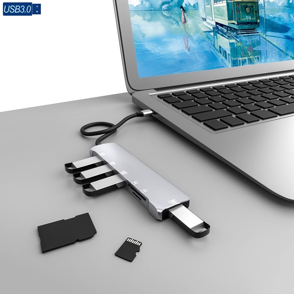 NK-3043H 6 in 1 Type-C to TF / Memory Card Slots / USB3.0 + 3 USB2.0 Converter Portable USB-C Hub Adapter for Keyboard, Mouse, External Hard Disk