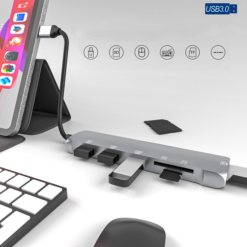 NK-3043H 6 in 1 Type-C to TF / Memory Card Slots / USB3.0 + 3 USB2.0 Converter Portable USB-C Hub Adapter for Keyboard, Mouse, External Hard Disk