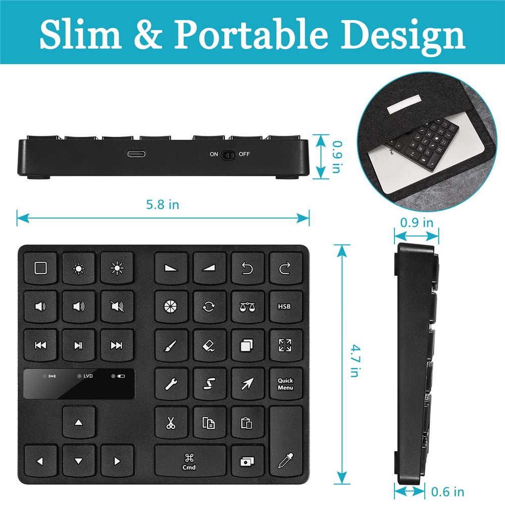 MC-533 Portable Slim Bluetooth-compatible Keypad for iPad Procreate APP, 35-Keys Drawing Keyboard One Hand Control Drawing Graphics Tablet Accessories for iOS, macOS