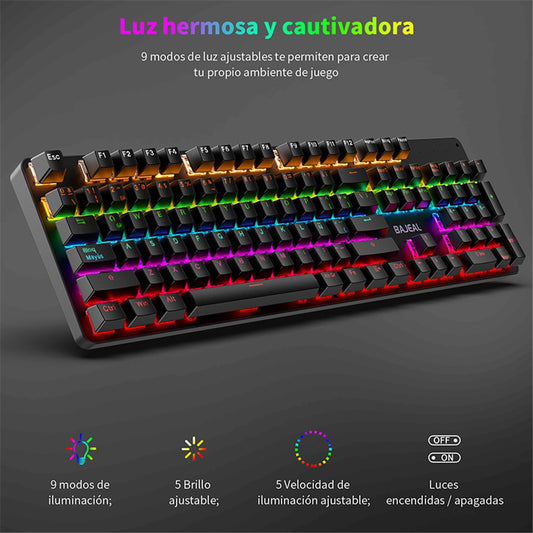 BAJEAL Wired 104 Keys Spanish Keyboard Backlit Computer Laptop Gaming Blue Switch Mechanical Keyboard