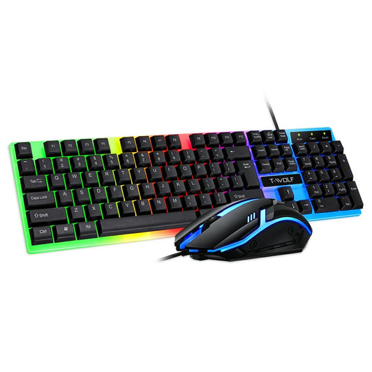 T-WOLF TF230 USB Wired Mechanical Keyboard and Mouse Set with Colorful Backlight for PC Computer Laptop, Black