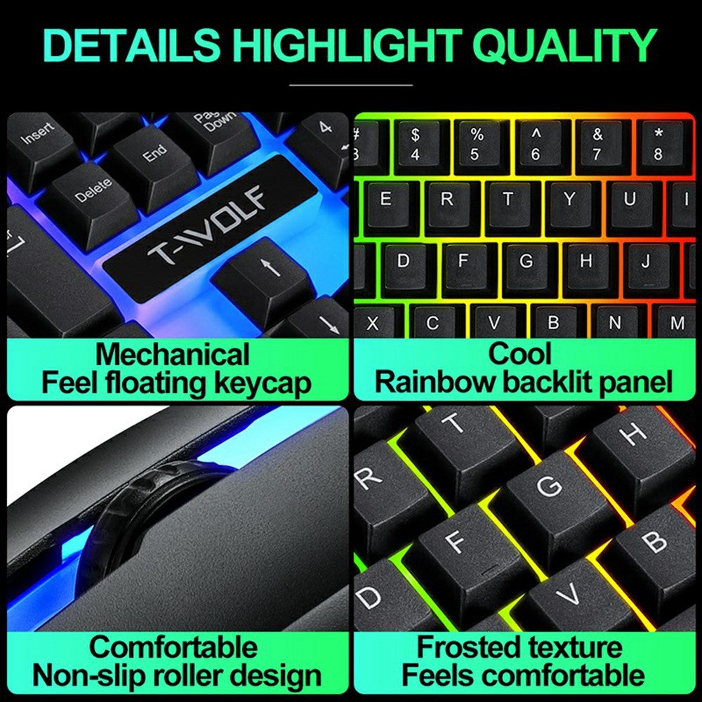 T-WOLF TF230 USB Wired Mechanical Keyboard and Mouse Set with Colorful Backlight for PC Computer Laptop, Black