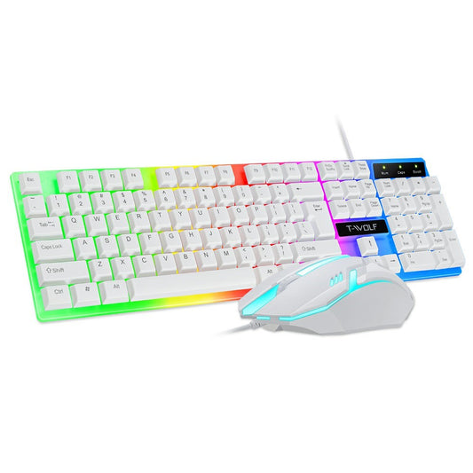 T-WOLF TF230 USB Wired Mechanical Keyboard and Mouse Set with Colorful Backlight for PC Computer Laptop, White