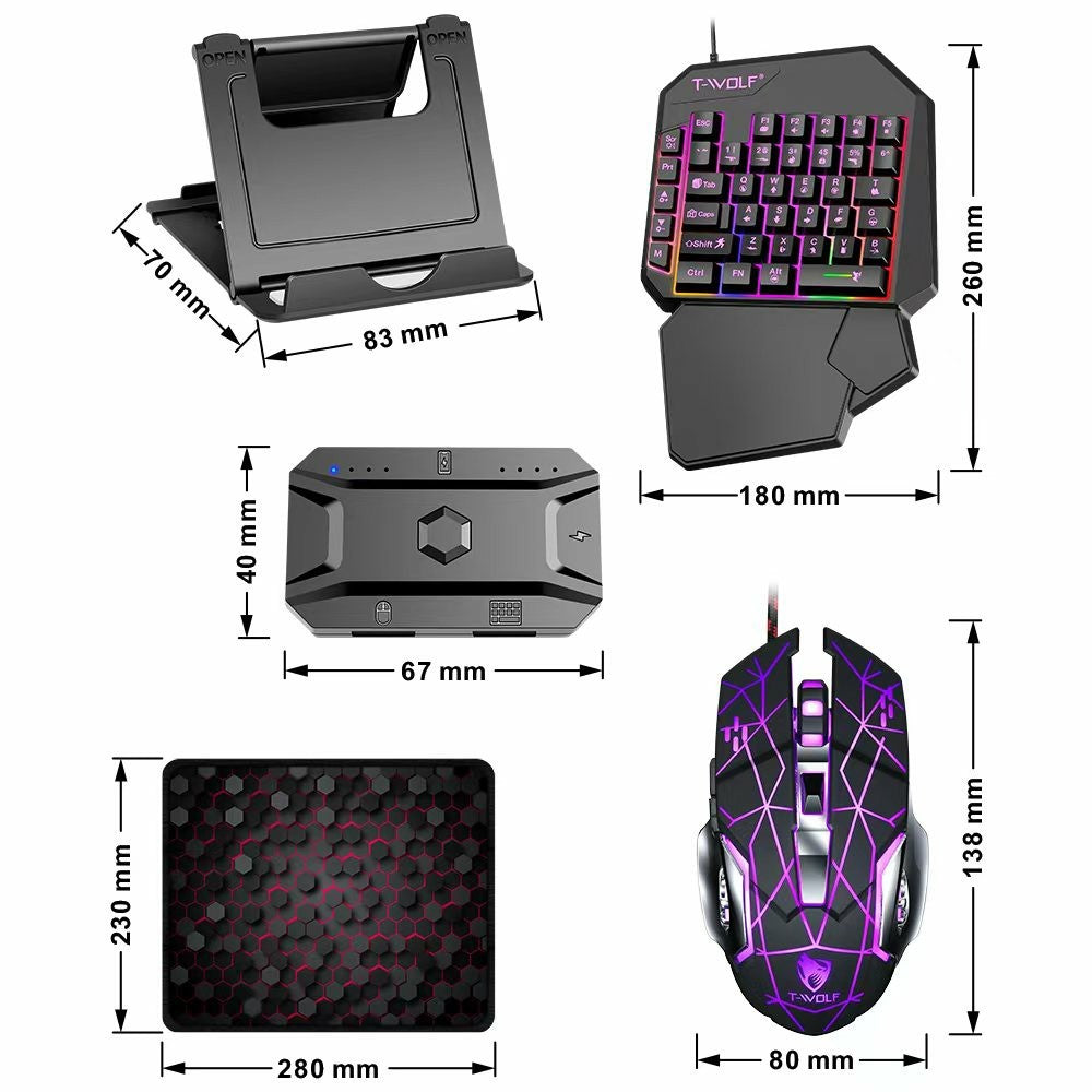 T-WOLF TF950 40 Keys One Hand Gaming Keyboard USB Wired Mouse Combo Set with Mobile Game Converter and Phone Holder