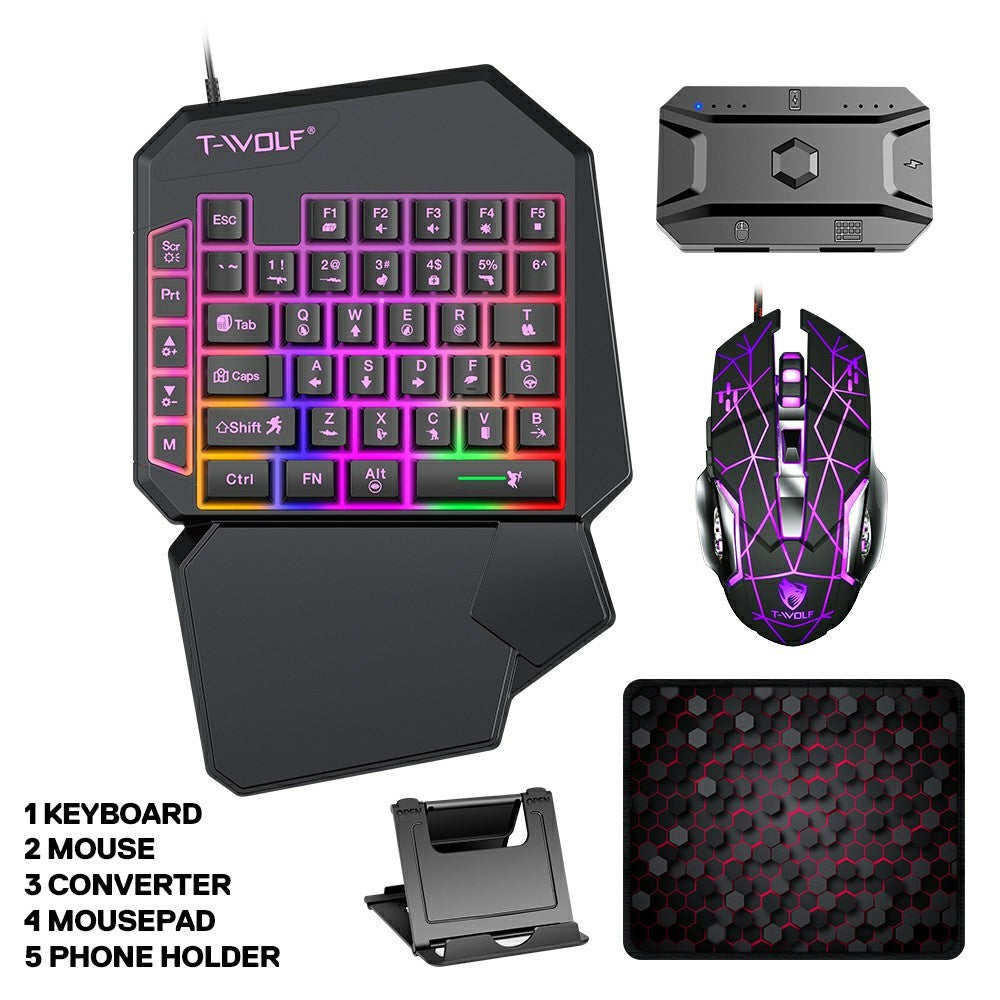 T-WOLF TF950 40 Keys One Hand Gaming Keyboard USB Wired Mouse Combo Set with Mobile Game Converter and Phone Holder