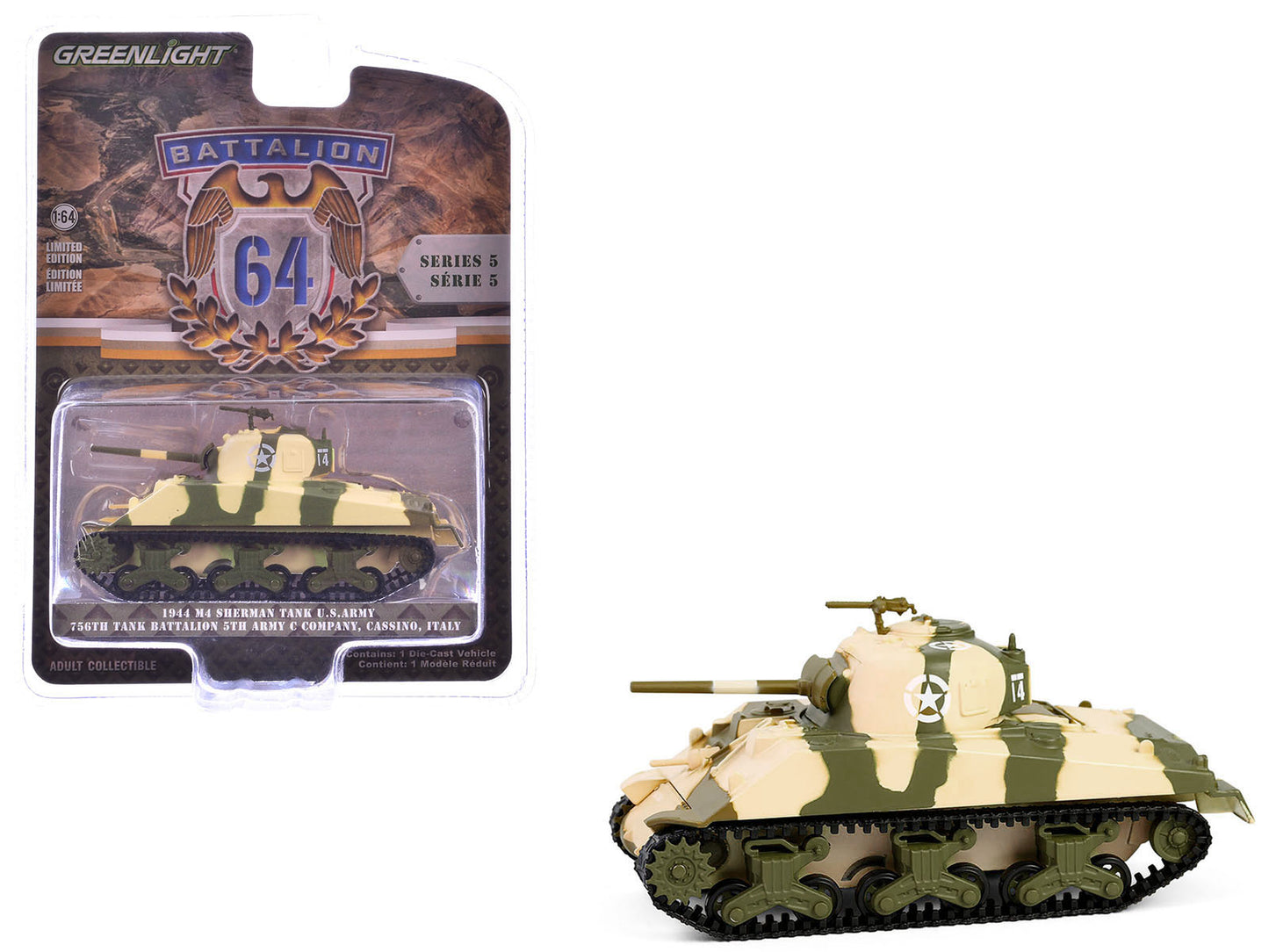 1944 M4 Sherman Tank "U.S. Army 756th Tank Battalion 5th Army C Company Cassino Italy" Camouflage "Battalion 64" Series 5 1/64 Diecast Model Car by Greenlight