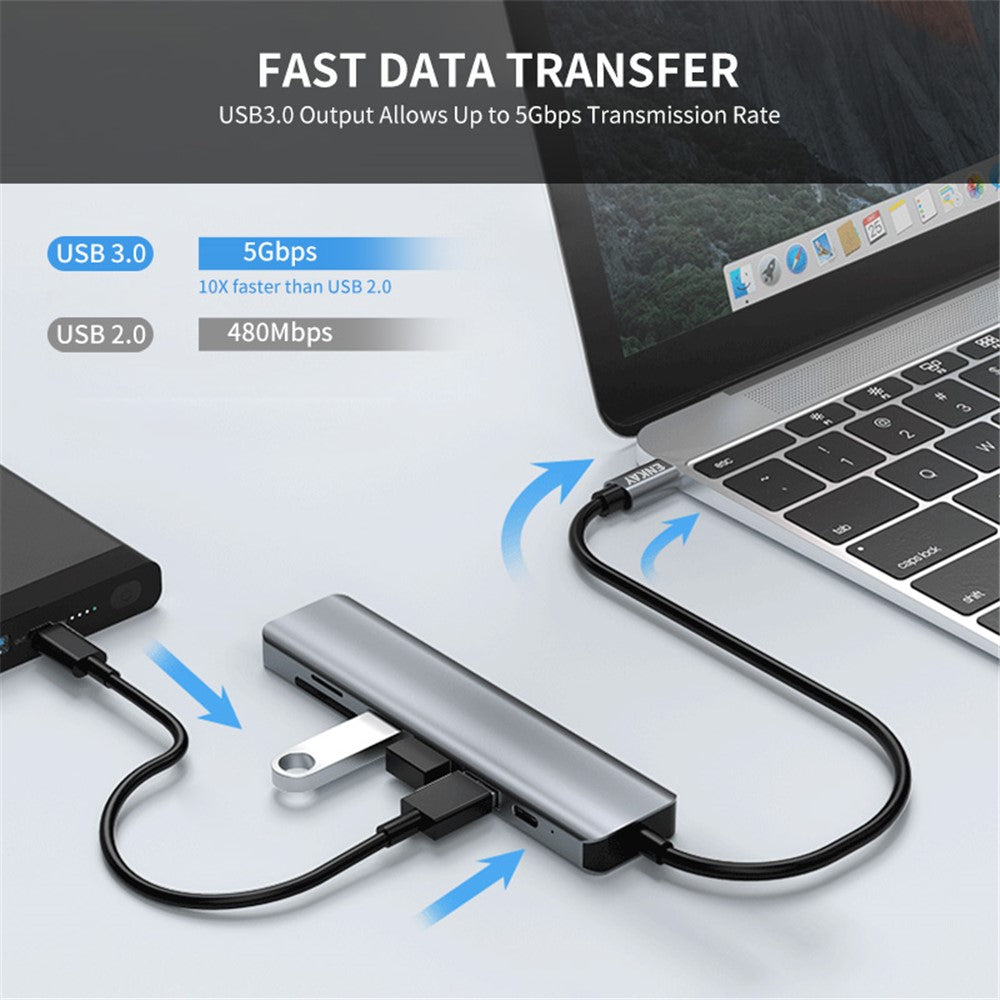 ENKAY HAT PRINCE Type-C Hub to 4K HD Video Output+PD Port+2xMemory Card Reader Slots+2xUSB 2.0 Ports+USB 3.0 Port Compatible for Laptops and Other Type C Devices