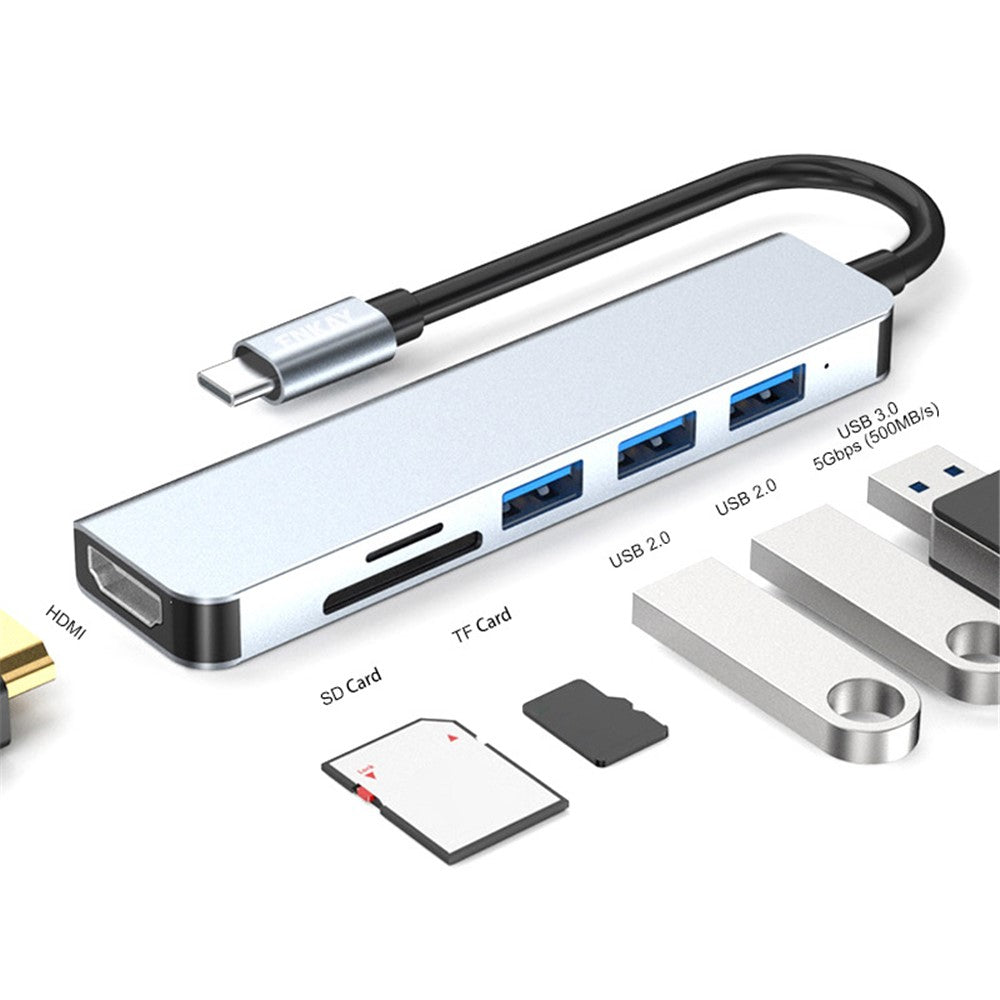 ENKAY HAT PRINCE 6-in-1 Type-C Hub Multiport Adapter Dongle with 4K HD Video Output+USB 3.0+2xUSB 2.0+2xCard Reader Slots