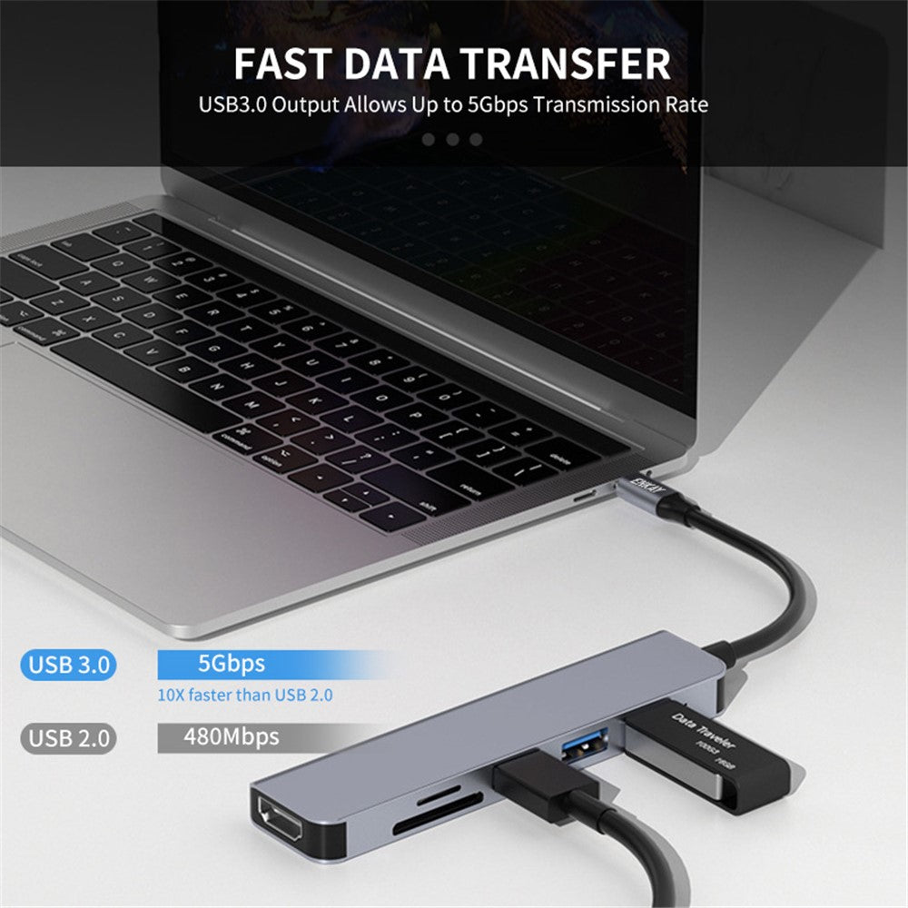 ENKAY HAT PRINCE 6-in-1 Type-C Hub Multiport Adapter Dongle with 4K HD Video Output+USB 3.0+2xUSB 2.0+2xCard Reader Slots