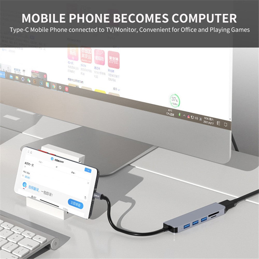 ENKAY HAT PRINCE 6-in-1 Type-C Hub Multiport Adapter Dongle with 4K HD Video Output+USB 3.0+2xUSB 2.0+2xCard Reader Slots
