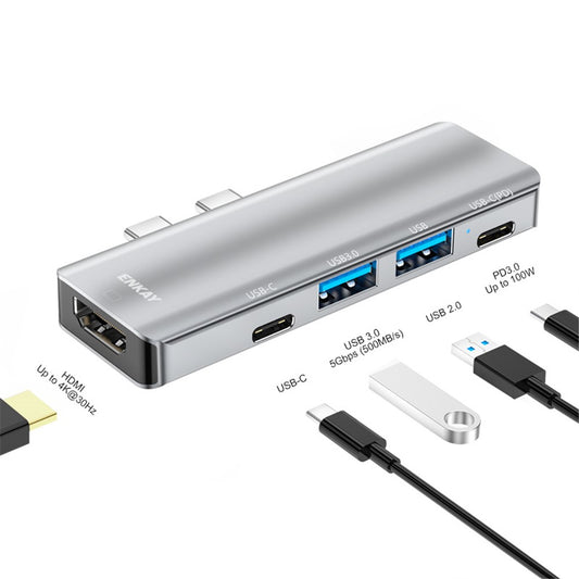 ENKAY HAT PRINCE Dual Type-C Ports Docking Station USB-C Hub to USB3.0+USB2.0+USB-C+HD 4K+PD Charging Adapter for MacBook Pro / Air