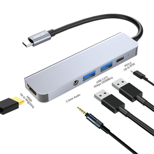 ENKAY HAT PRINCE 5-in-1 USB-C Hub Docking Station Type-C to HD 4K Dual USB3.0 3.5mm Audio Jack PD 60W Fast Charging