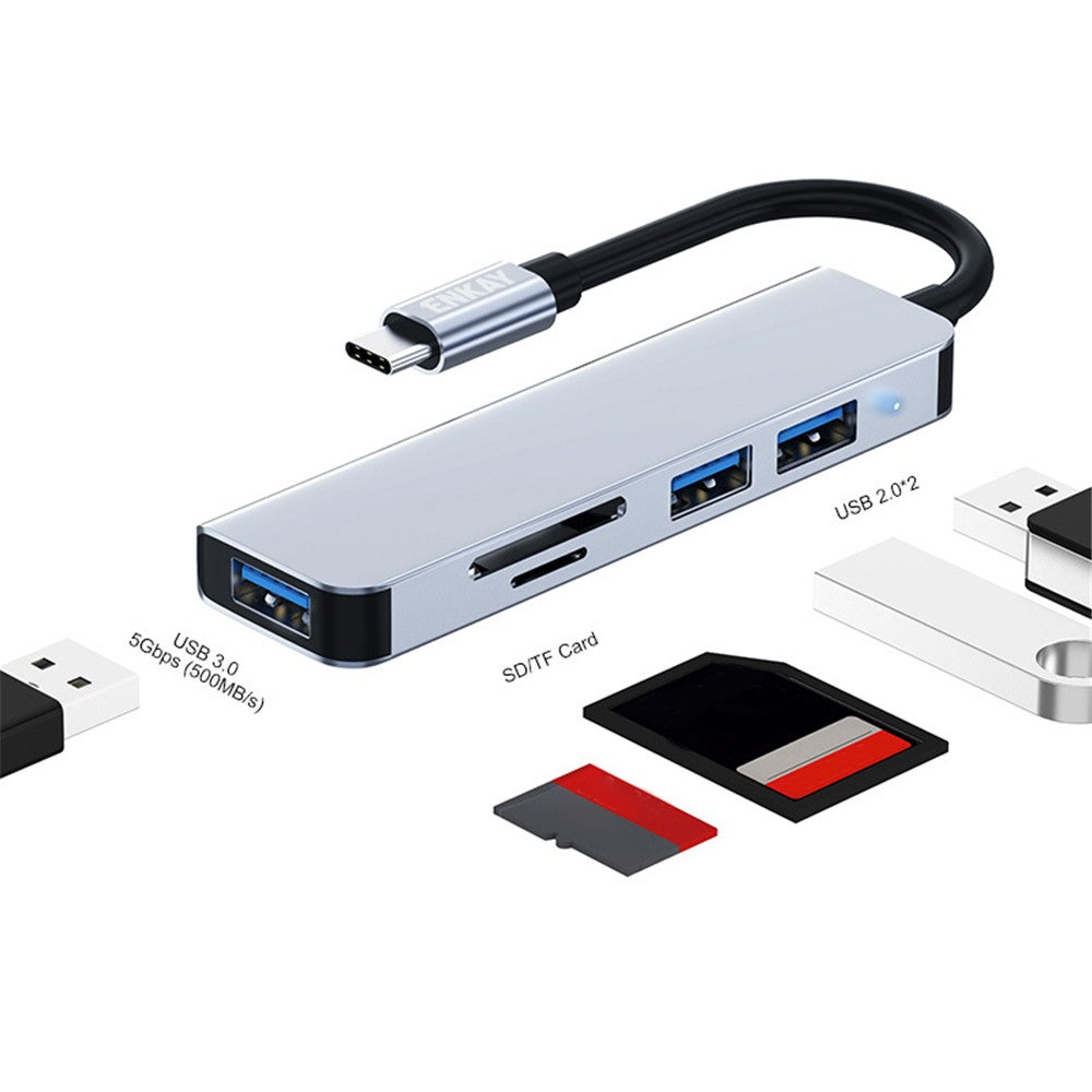 ENKAY HAT PRINCE Type-C Hub Adapter 5-in-1 Multi-Port Converter to USB3.0 + 2xUSB2.0 + SD / TF Card Reader Compatible with Type-C Devices and OS Systems