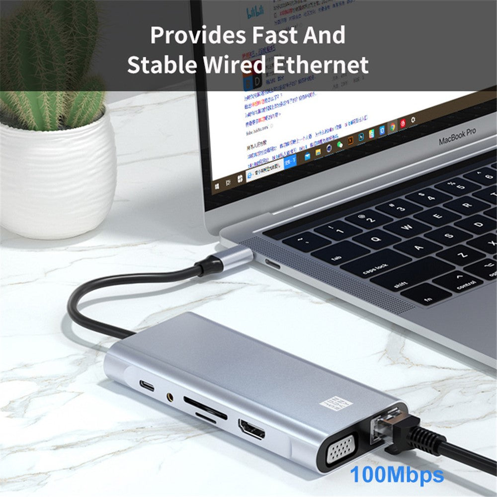 JUNSUNMAY JSM-HUB019 Multi-Port Adapter 11-in-1 Type-C Hub to 4K HD Video Output+87W PD Port+VGA+2xCard Reader Slots+USB 3.0+3xUSB 2.0+RJ45+3.5mm Aux Port
