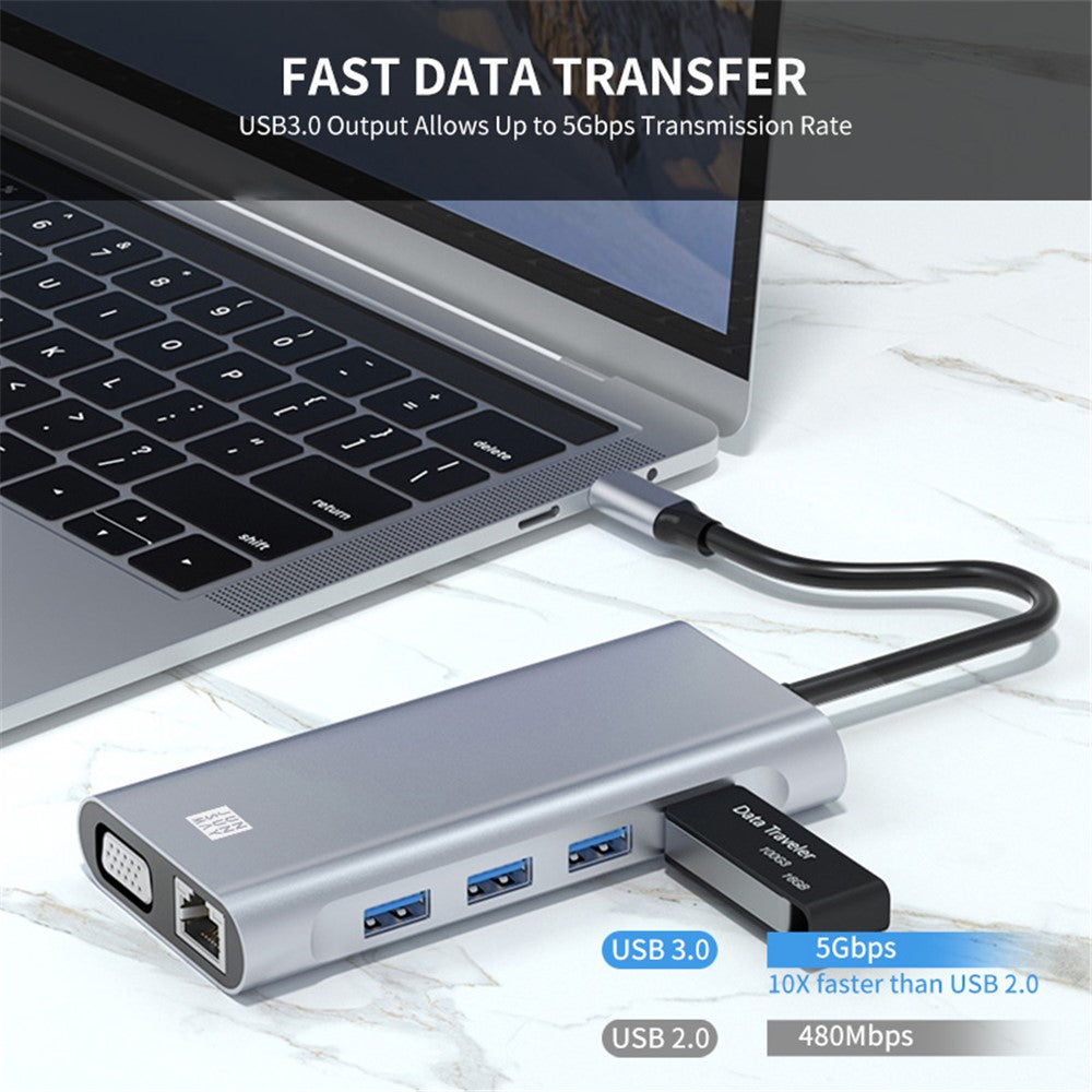 JUNSUNMAY JSM-HUB019 Multi-Port Adapter 11-in-1 Type-C Hub to 4K HD Video Output+87W PD Port+VGA+2xCard Reader Slots+USB 3.0+3xUSB 2.0+RJ45+3.5mm Aux Port