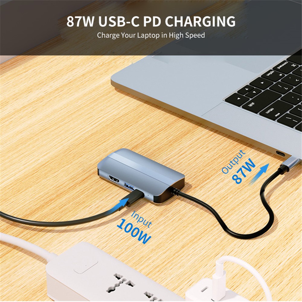 JUNSUNMAY JSM-HUB003 Type-C Hub Adapter 6-in-1 USB-C Docking Station Splitter Support 4K HD Video, 100Mbps, 87W PD Charging Converter