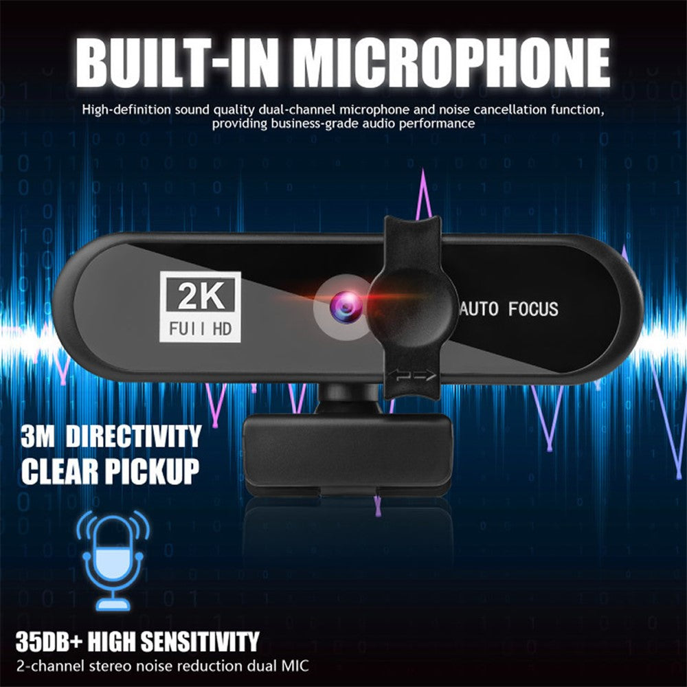 2K Full HD Auto Focus USB Computer Laptop Camera Live Streaming Video Conference Webcam with Built-in Microphone