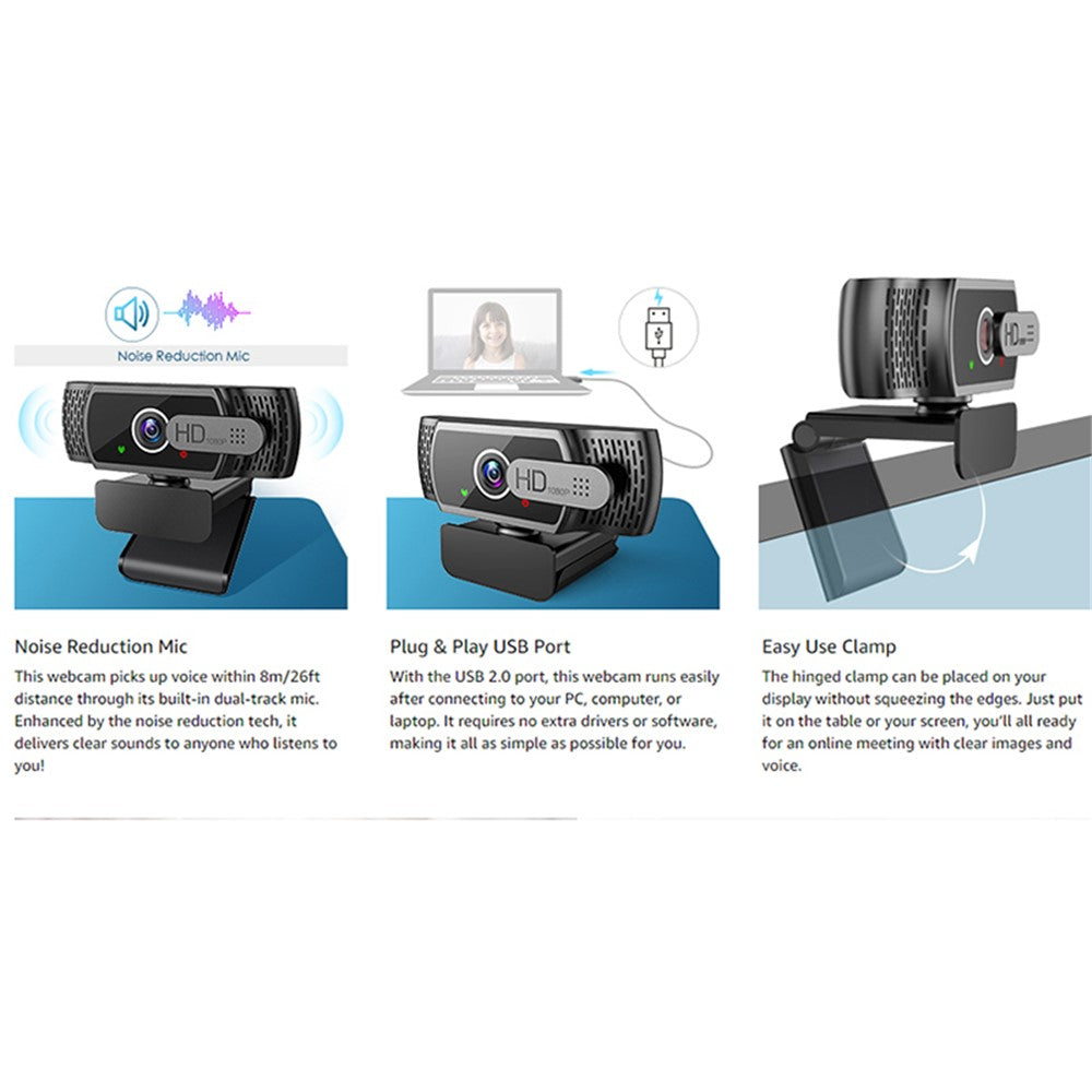 1080P Full HD USB Webcam Plug Play Monitor Camera with Microphone/Privacy Cover for Desktop Computers Laptops Video Work