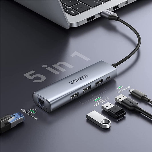UGREEN 20915 USB Hub 3-Port USB 3.0 Hub 5V Power Port with RJ45 10/100/1000 Gigabit Ethernet Adapter Converter LAN Wired USB Network Adapter