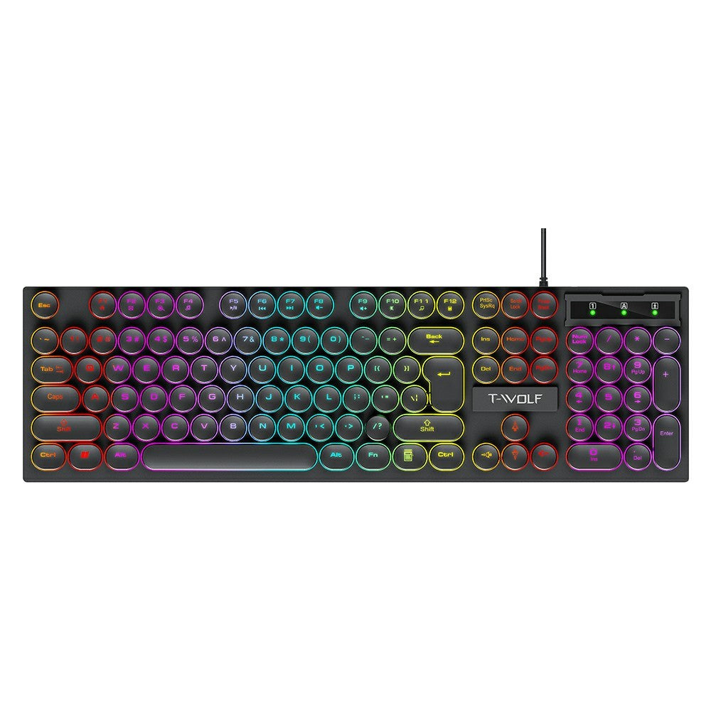 T-WOLF T80 Gaming Keyboard Retro Punk Round Keycap Wired Mechanical Keyboard with Colorful Backlight, Black