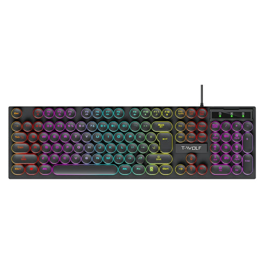 T-WOLF T80 Gaming Keyboard Retro Punk Round Keycap Wired Mechanical Keyboard with Colorful Backlight, Black