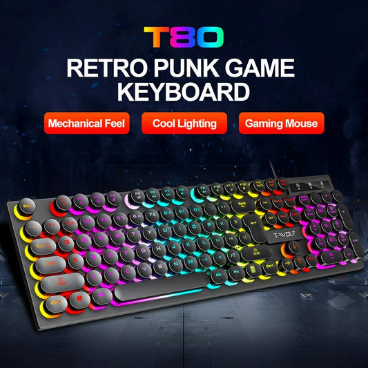 T-WOLF T80 Gaming Keyboard Retro Punk Round Keycap Wired Mechanical Keyboard with Colorful Backlight, Black