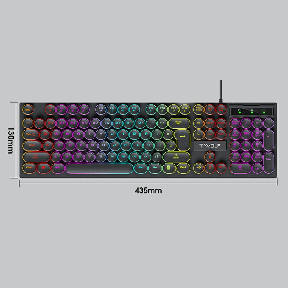 T-WOLF T80 Gaming Keyboard Retro Punk Round Keycap Wired Mechanical Keyboard with Colorful Backlight, Black