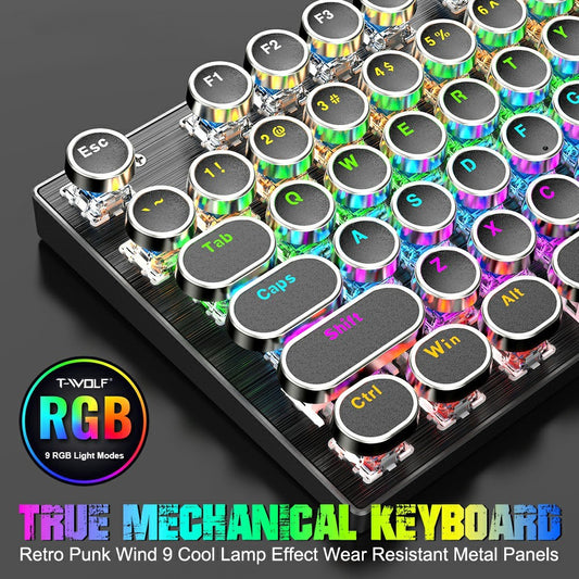 T-WOLF T75 Electroplated Punk 104 Keys Mechanical Gaming Keyboard with RGB Backlit USB Wired Keyboard