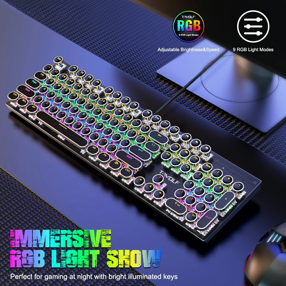 T-WOLF T75 Electroplated Punk 104 Keys Mechanical Gaming Keyboard with RGB Backlit USB Wired Keyboard