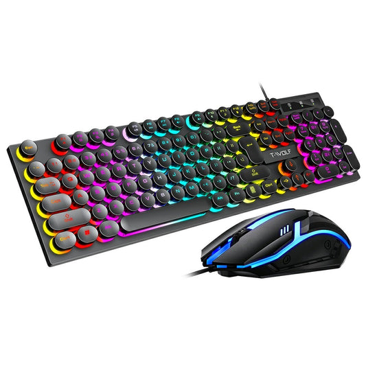T-WOLF TF270 Retro Punk 104 Keys Mechanical Gaming Wired Keyboard and Mouse Combo Set with Colorful Backlight