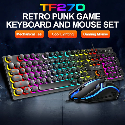 T-WOLF TF270 Retro Punk 104 Keys Mechanical Gaming Wired Keyboard and Mouse Combo Set with Colorful Backlight