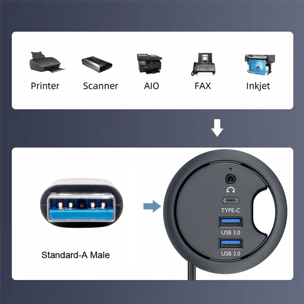 U3-095-HUB05 USB 3.0 Hub 2xUSB3.0 + 3.5mm + Type-C 60mm Desk Grommet Splitter Dock Station