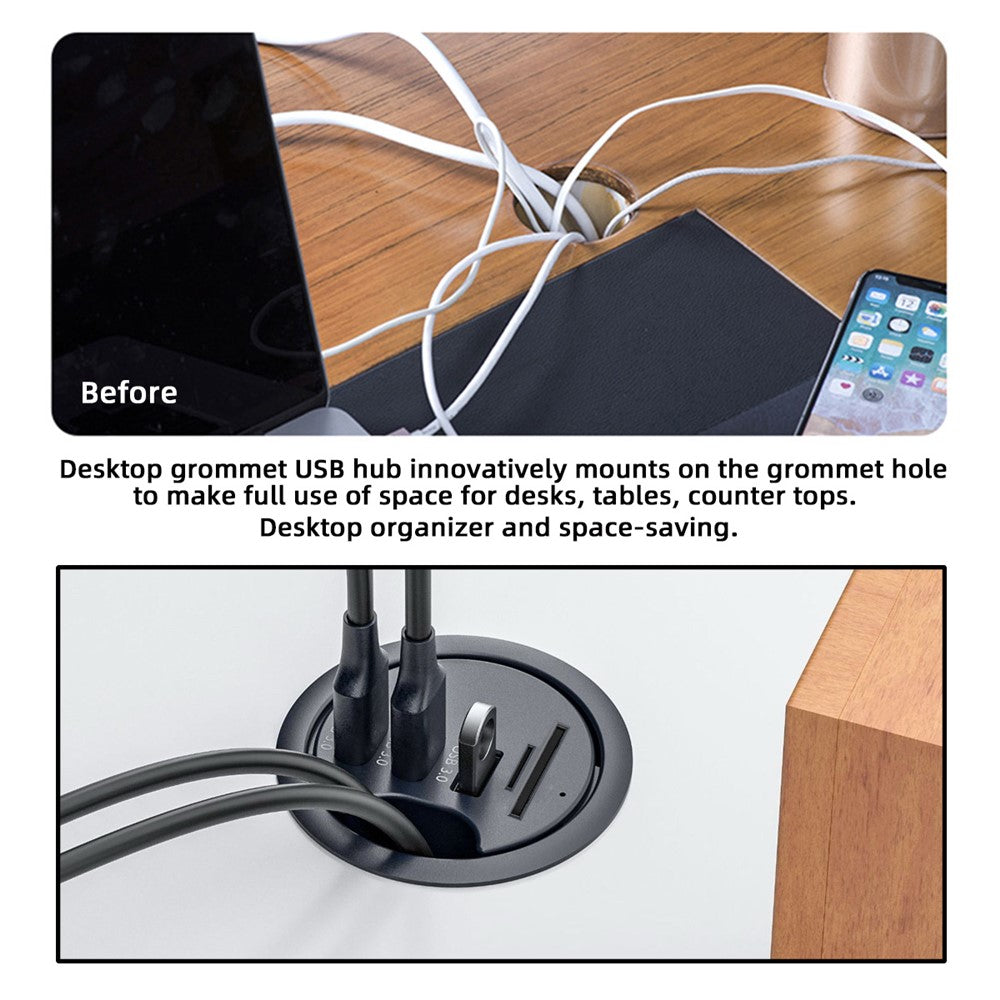 U3-095-HUB02 3X USB 3.0 Hub with SD / TF Card Slot 60mm Desk Grommet Splitter Dock Station for Desktop PC Desk