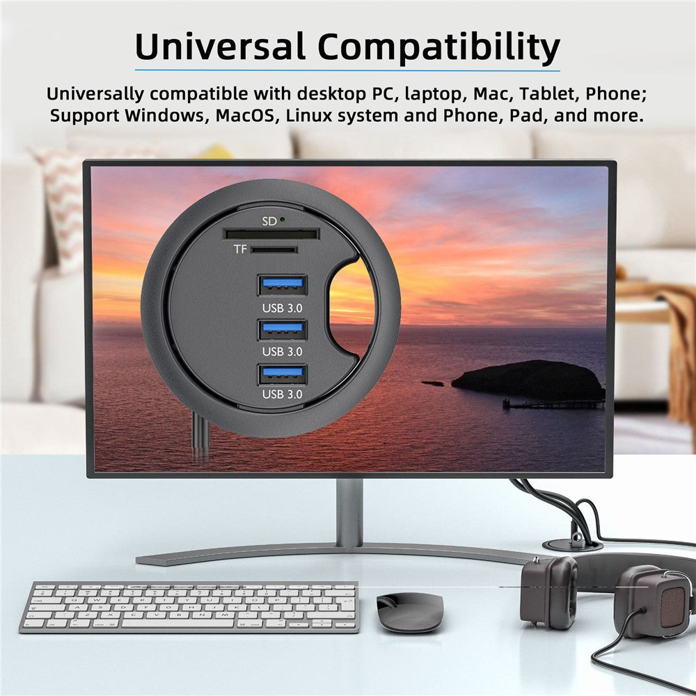 U3-095-HUB02 3X USB 3.0 Hub with SD / TF Card Slot 60mm Desk Grommet Splitter Dock Station for Desktop PC Desk