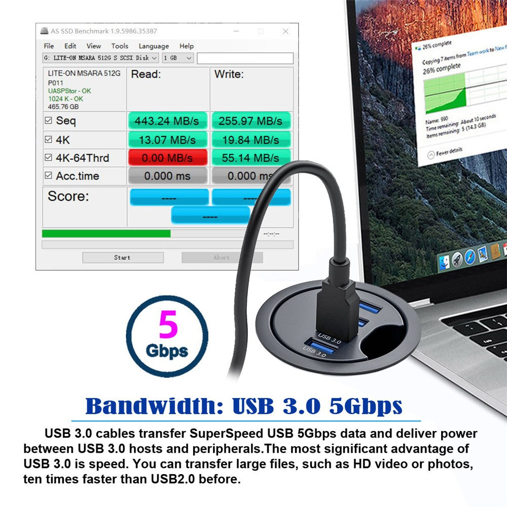 U3-095-HUB01 USB 3.0 Hub 4 USB3.0 Ports 60mm Computer Desk Grommet Splitter Dock Station