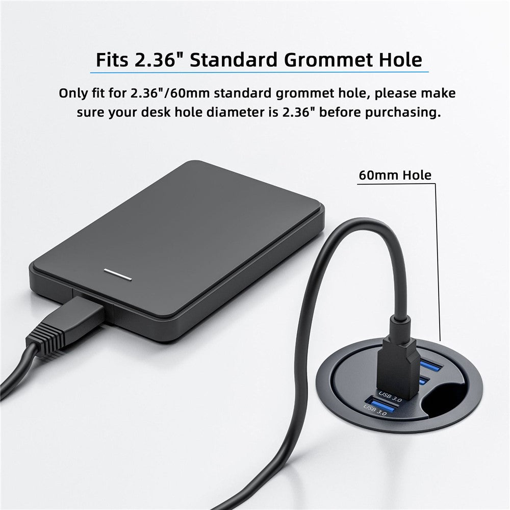 U3-095-HUB01 USB 3.0 Hub 4 USB3.0 Ports 60mm Computer Desk Grommet Splitter Dock Station