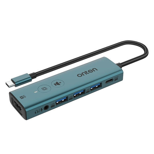 ONTEN UC123+ 15cm Cable Type-C to HD+3xUSB3.0+USB-C+3.5mm Ports USB Hub Adapter with Buttons