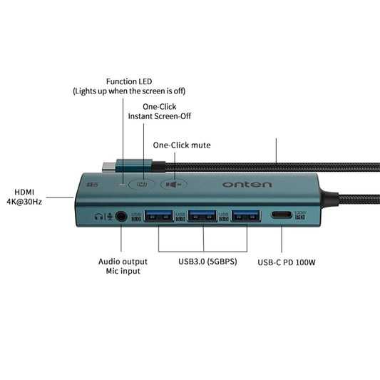 ONTEN UC123+ 15cm Cable Type-C to HD+3xUSB3.0+USB-C+3.5mm Ports USB Hub Adapter with Buttons