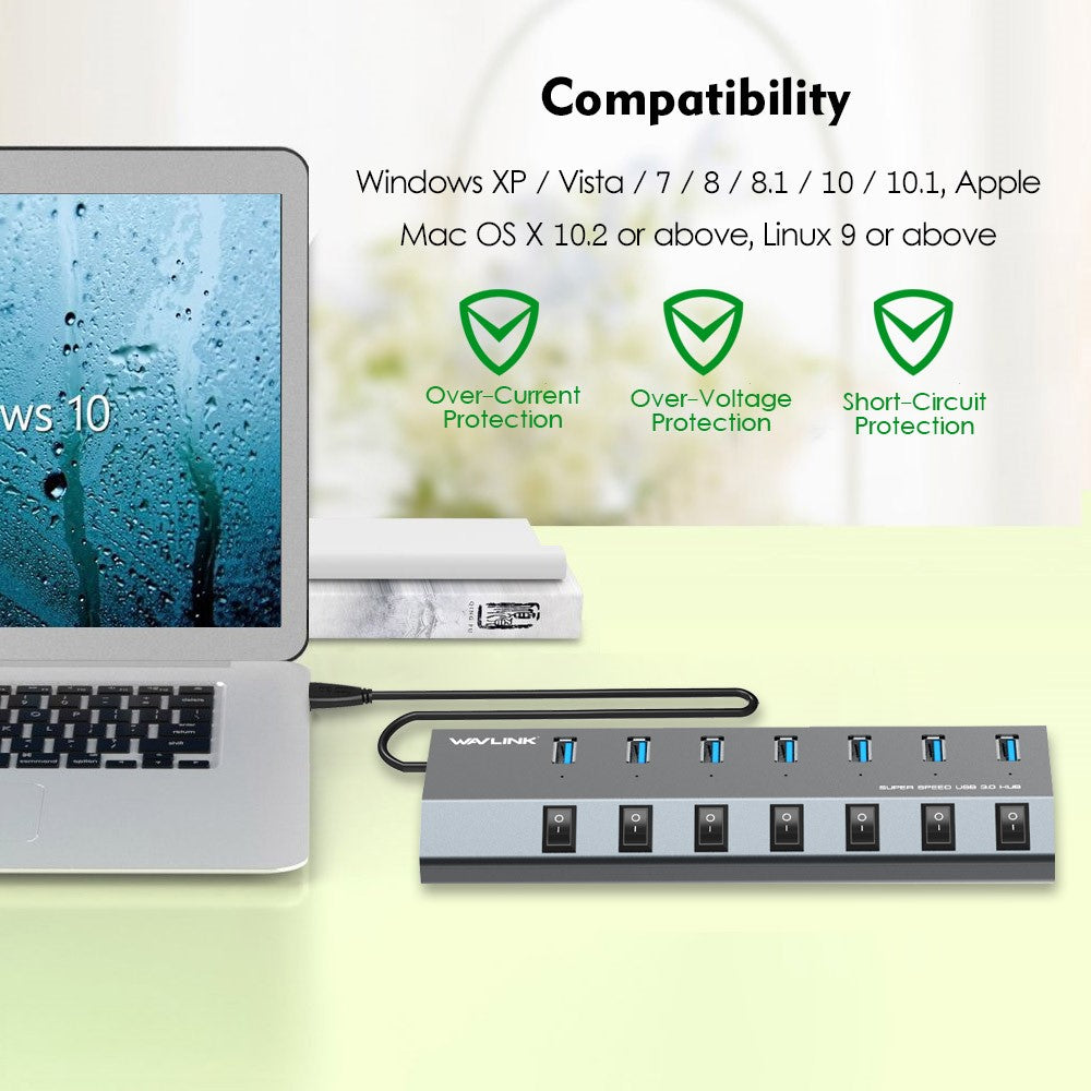WAVLINK UH3076 5Gbps High Speed 7-port USB 3.0 Hub with Independent Switch and LED Indicator