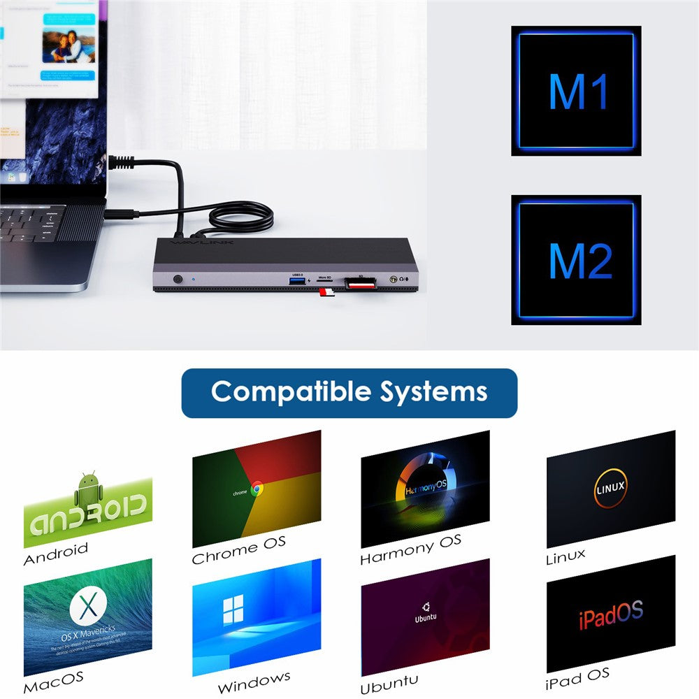 WAVLINK UMD01R Pro 13-in-1 Laptop Docking Station 2x DisplayPort and HD 4x USB 3.0 SD / TF Card Reader