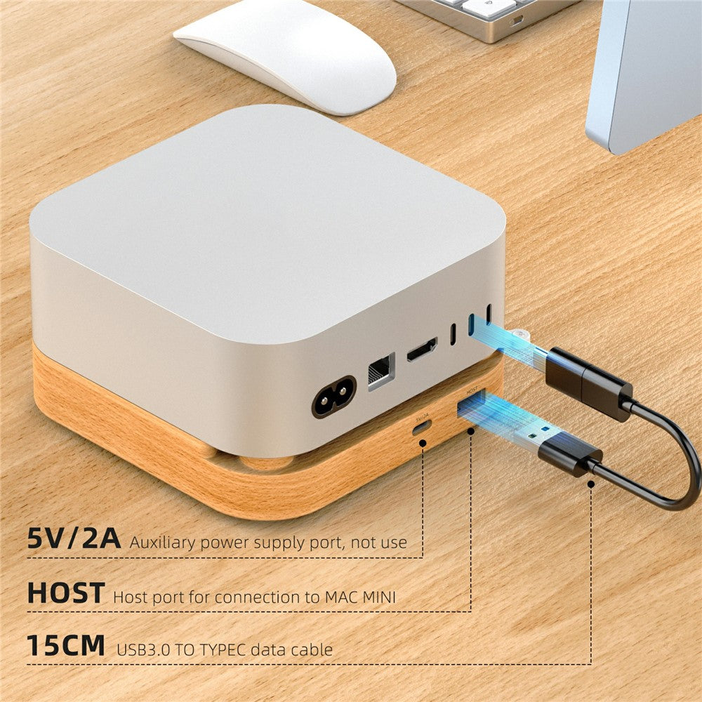 AJM4-FH For Mac Mini M4  /  M4 Pro Wooden Expansion Dock USB 3.0 Hub TF / SD Card Reader Anti-Dust Stand