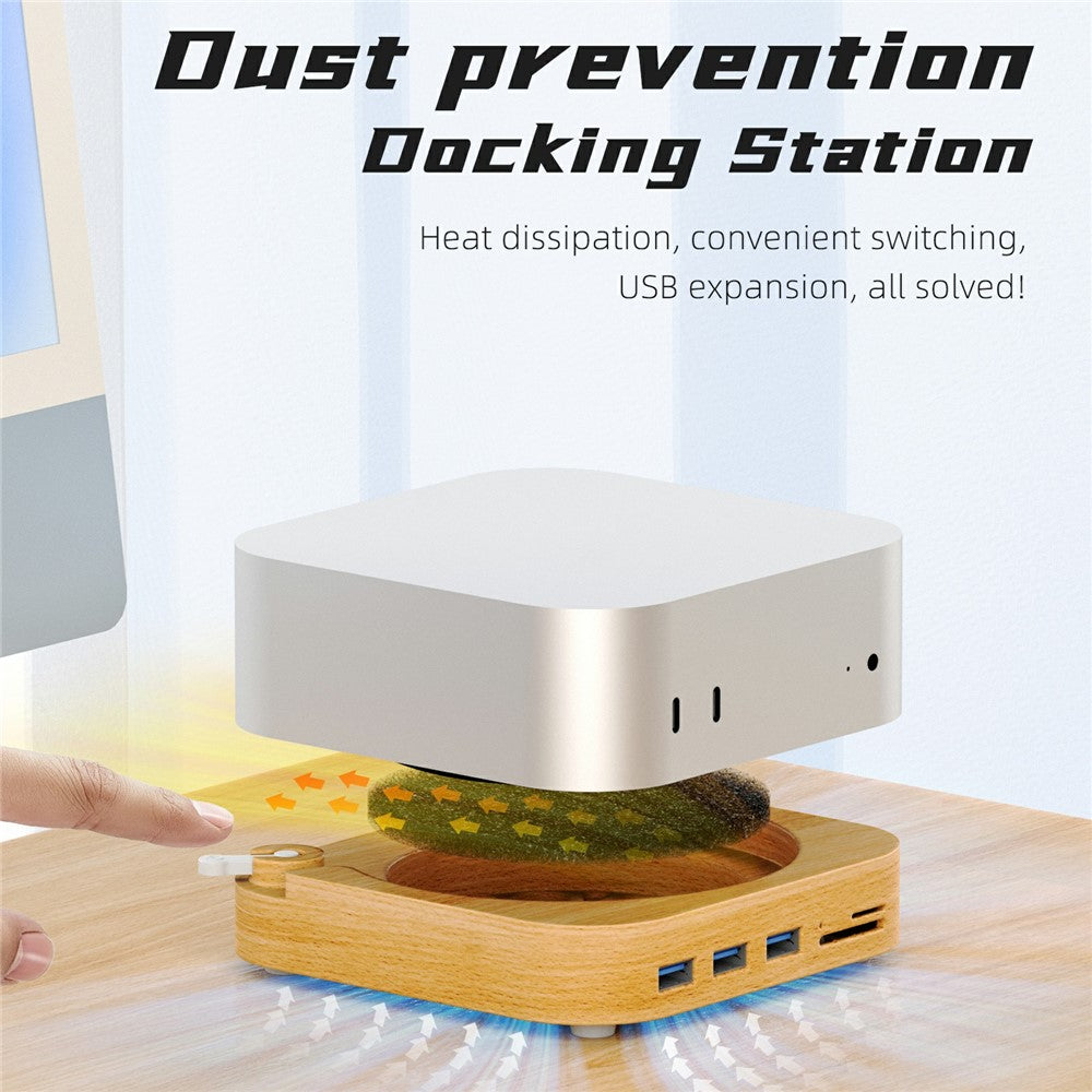 AJM4-FH For Mac Mini M4  /  M4 Pro Wooden Expansion Dock USB 3.0 Hub TF / SD Card Reader Anti-Dust Stand