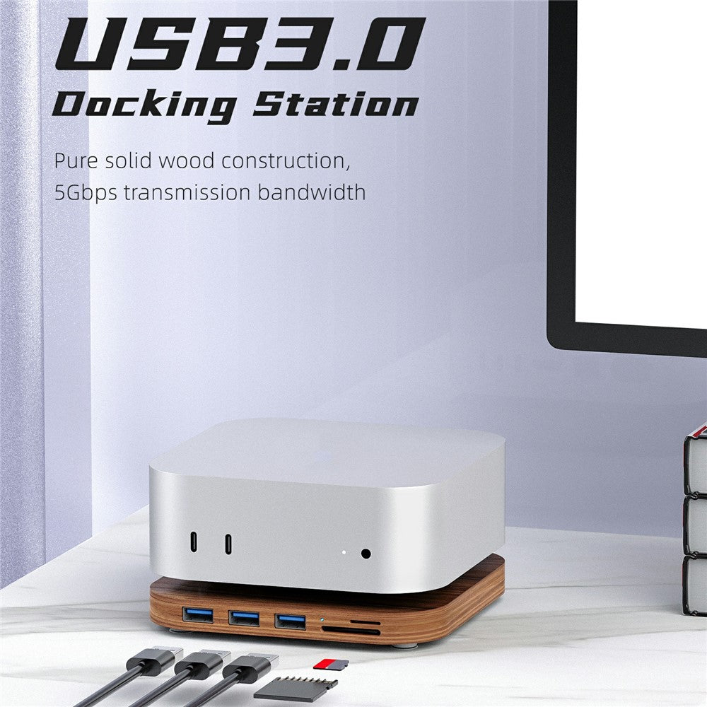 AJM4-H For Mac Mini M4  /  M4 Pro Wooden Expansion Dock USB 3.0 Hub Stand with TF / SD Card Reader Base