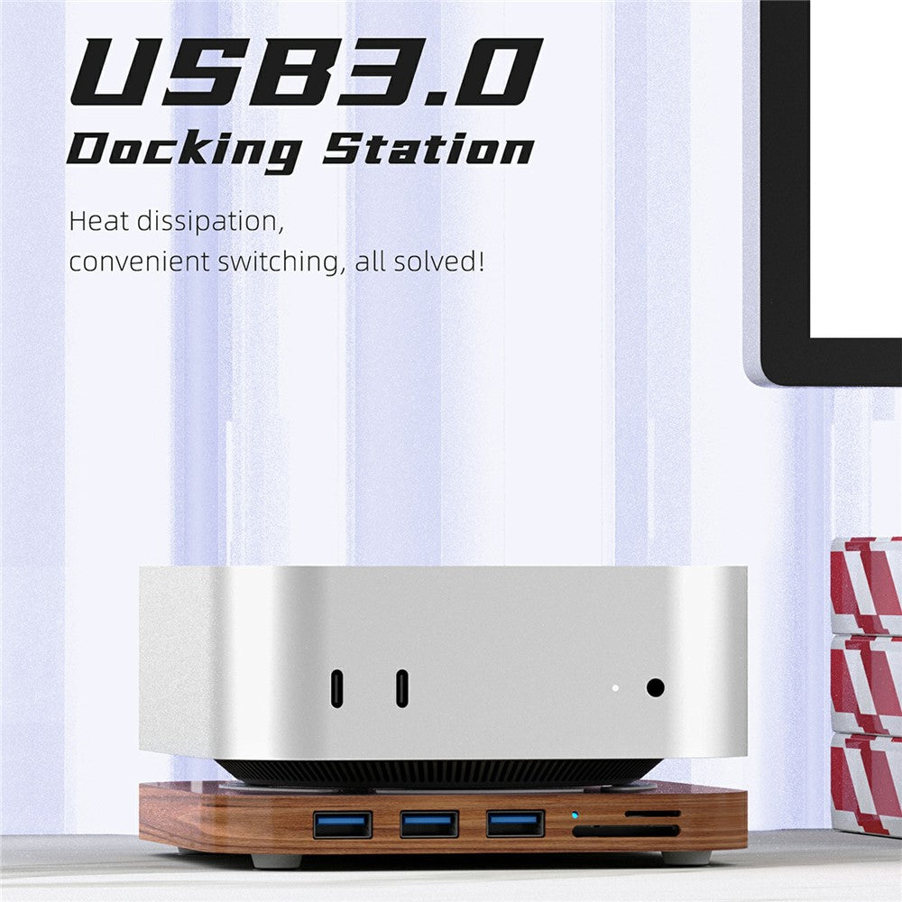AJM4-H For Mac Mini M4  /  M4 Pro Wooden Expansion Dock USB 3.0 Hub Stand with TF / SD Card Reader Base