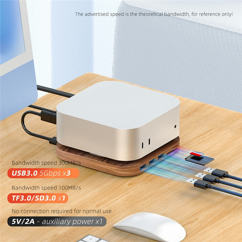 AJM4-H For Mac Mini M4  /  M4 Pro Wooden Expansion Dock USB 3.0 Hub Stand with TF / SD Card Reader Base