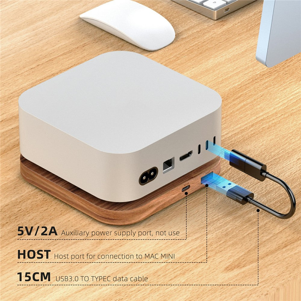 AJM4-H For Mac Mini M4  /  M4 Pro Wooden Expansion Dock USB 3.0 Hub Stand with TF / SD Card Reader Base