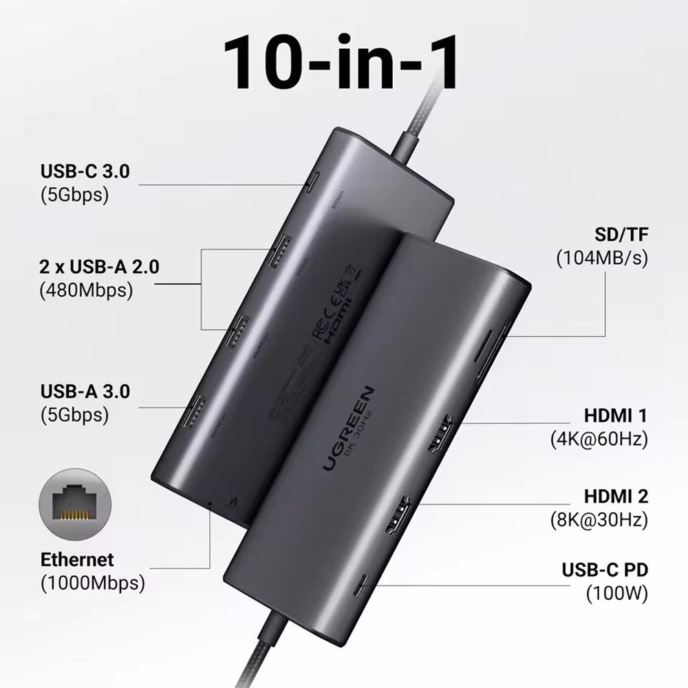 UGREEN 15534 USB-C Hub 8K / 4K HD RJ45 USB 3.0 PD 100W 10 in 1 Aluminum Alloy Adapter