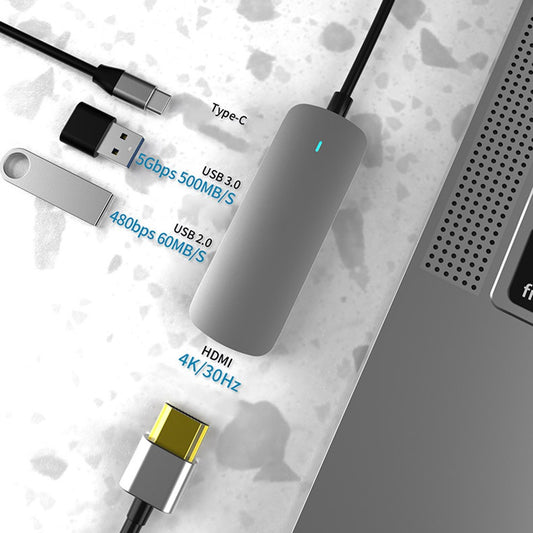 TX4H Type-C Hub to 4K HD Video Output+Type-C Charging+USB 3.0+USB 2.0, 4-In-1 USB-C Dock Expansion Station for Cellphone Computer