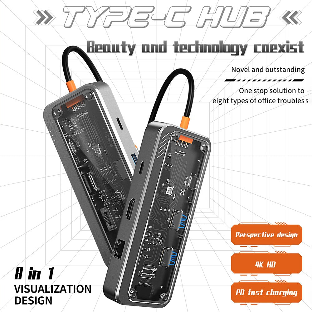 SW8V 8 in 1 Type-C Docking Station Portable USB Hub Adapter USB-C to USB3.0 / USB2.0 / Type-C2.0 / 100M Ethernet